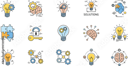 Creative Problem Solving and Innovation Line Icon Vector Set with Light Bulb Ideas, Brainstorming, Puzzle Pieces, Key Solution and Gear Symbols