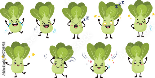 Cute bok choy vegetable characters with different emotions funny cartoon food mascots healthy greens vector illustration set