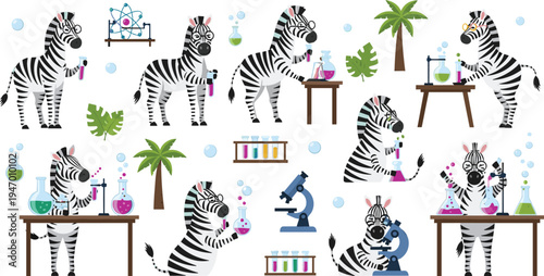 Cute Cartoon Zebra Scientist Doing Chemistry Experiments With Test Tubes, Microscope And Laboratory Equipment, Adorable Animal Science Vector Illustration Set