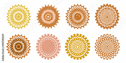 Eight geometric floral designs in warm shades of orange and peach