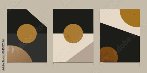 Abstract triptych featuring geometric shapes and a muted color palette