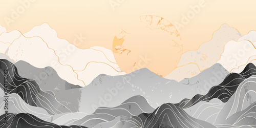 Stylized landscape painting with mountains and a warm sunset glow