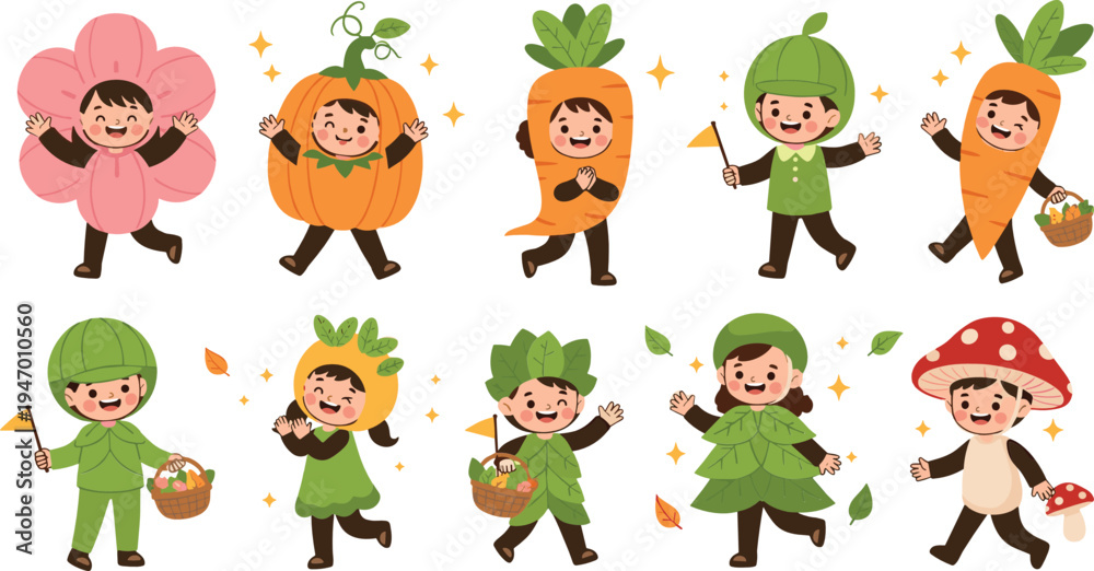 Obraz premium Cute children wearing plant and vegetable costumes including carrot, pumpkin, flower and mushroom playful cartoon kids vector illustration set