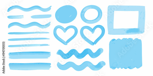 Collection of abstract blue watercolor shapes and brushstroke elements