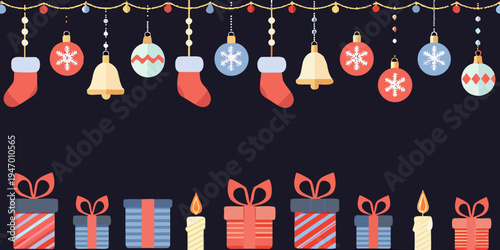 Festive christmas decorations including stockings bells ornaments gifts and candles