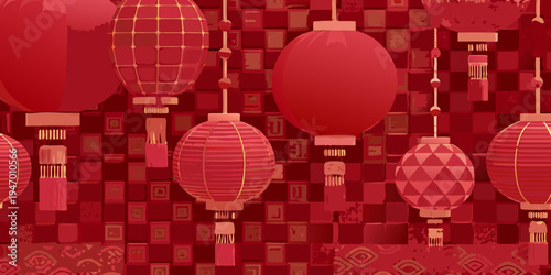 A vibrant repeating pattern of red chinese lanterns against a textured background