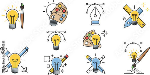 Creative Design and Idea Generation Line Icon Vector Set with Light Bulb, Paint Brush, Pencil, Color Palette and Graphic Tools