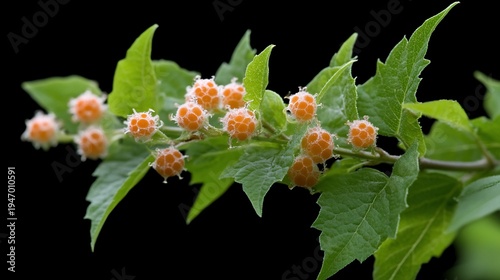Salmonberry branch spiky fruit dark backdrop
