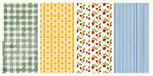Four vibrant patterned fabric swatches displayed in vertical arrangement