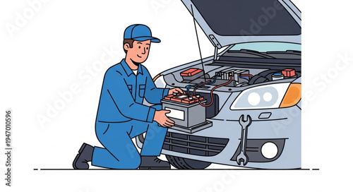 Mechanic changing car battery.