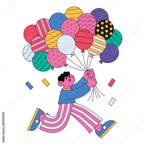 A joyful cartoon man flying with colorful balloons