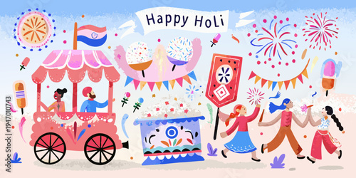 A colorful illustration celebrating the indian festival of holi with festive elements