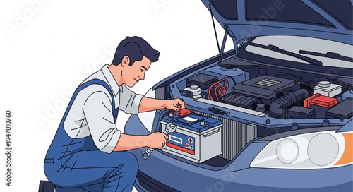 Mechanic changing car battery.