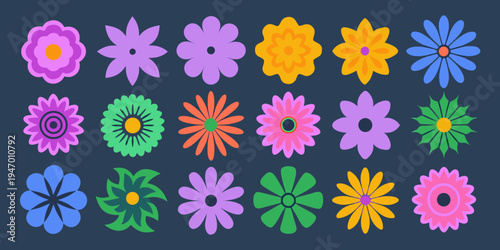 A colorful collection of stylized flat design flowers on a dark background