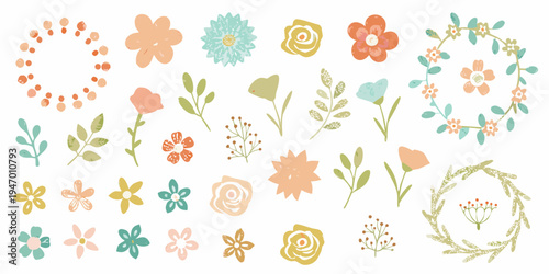 Colorful floral illustrations and wreaths arranged on a white background