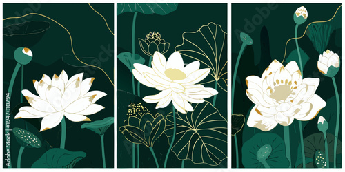 Elegant triptych featuring stylized lotus flowers and golden line work