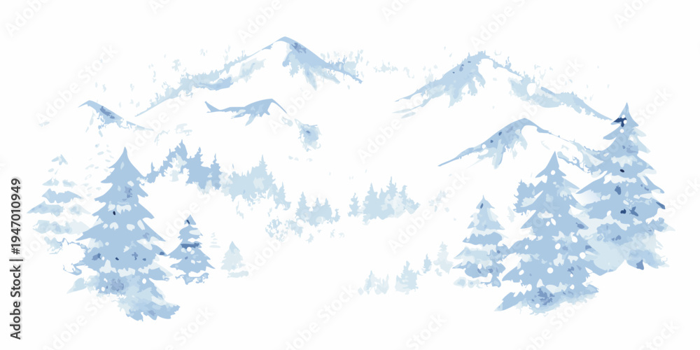 Fototapeta premium Watercolor painting of snow covered mountains and evergreen trees