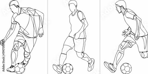 Stylized line art depicts a soccer player in dynamic running poses