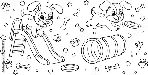 Cute Puppy Dog Coloring Page with Playground Slide, Tunnel, Bones and Toys for Kids Activity Book, Pet Theme Line Art Illustration