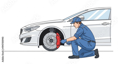 Mechanic changing car brake.