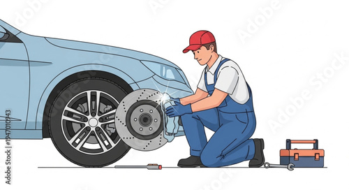 Mechanic changing car brake.