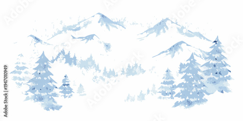 Watercolor painting of snow covered mountains and evergreen trees