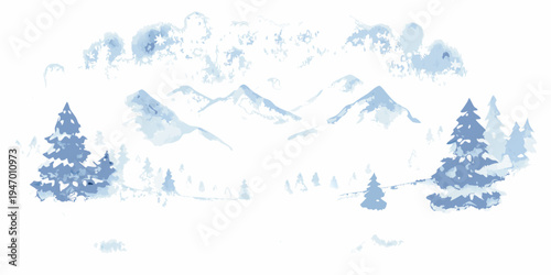 Watercolor painting of snow covered mountains and coniferous trees