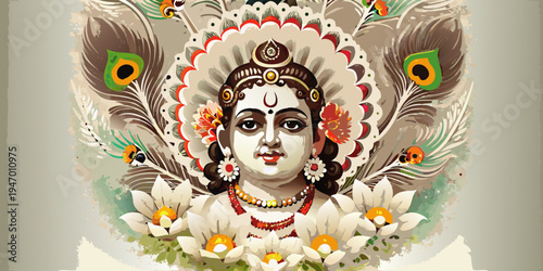 A vibrant portrait of lord krishna adorned with flowers and peacock feathers