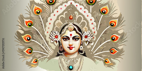 An artistic depiction of goddess durga with ornate peacock feather halo