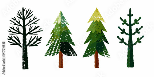 Four stylized christmas trees with varying textures and shades of green