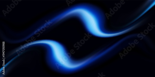 Blue wind waves effect. Abstract light motion trails with sparkles isolated on black background. Light blue Twirl. Curve light effect of blue line. Luminous blue circle.
