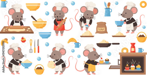Cute Cartoon Mouse Chef Baking Set With Pastry, Flour, Kitchen Tools And Desserts, Adorable Bakery Character Vector Illustration Collection
