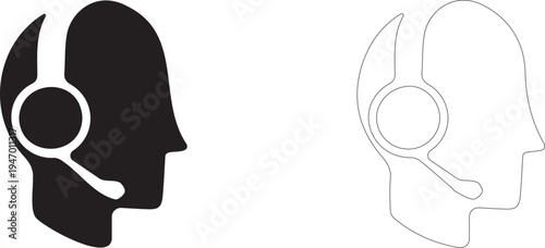Profile view of a person wearing headphones and a microphone. Vector icon for customer support and feedback.
