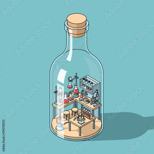Isometric illustration of a laboratory set up inside a glass bottle, with equipment.