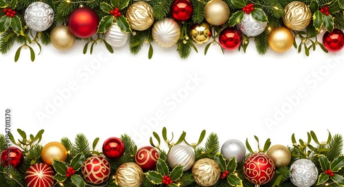 Merry Christmas Greeting Banner with Ornaments and Pine Branches