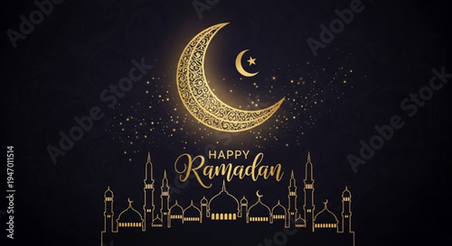 Golden crescent moon and star with happy ramadan text on black background with mosque silhouette