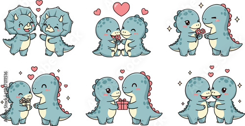Cute dinosaur couples with hearts hugging giving gifts and flowers romantic cartoon love characters vector illustration set