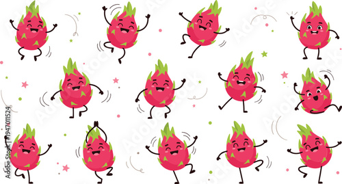 Cute dragon fruit cartoon characters dancing happy tropical fruit mascot kawaii food illustration vector collection set
