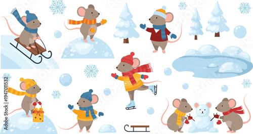Cute winter mice activities cartoon set mouse characters sledding skating snowman snow season vector illustration collection