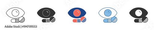 Variations of an eye health and medication icon, depicting aspects of vision care, optical treatment, and pharmaceutical support through stylized graphic symbols