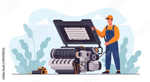 Man Working on Large Engine.