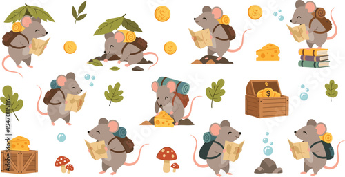Cute explorer mouse treasure hunt cartoon set mouse character with map backpack adventure forest vector illustration collection