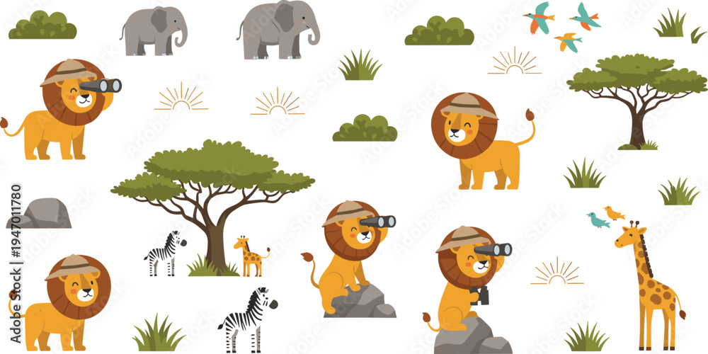 Fototapeta premium Cute safari lion explorer cartoon set lion character with binoculars wildlife adventure african animals savanna vector illustration collection