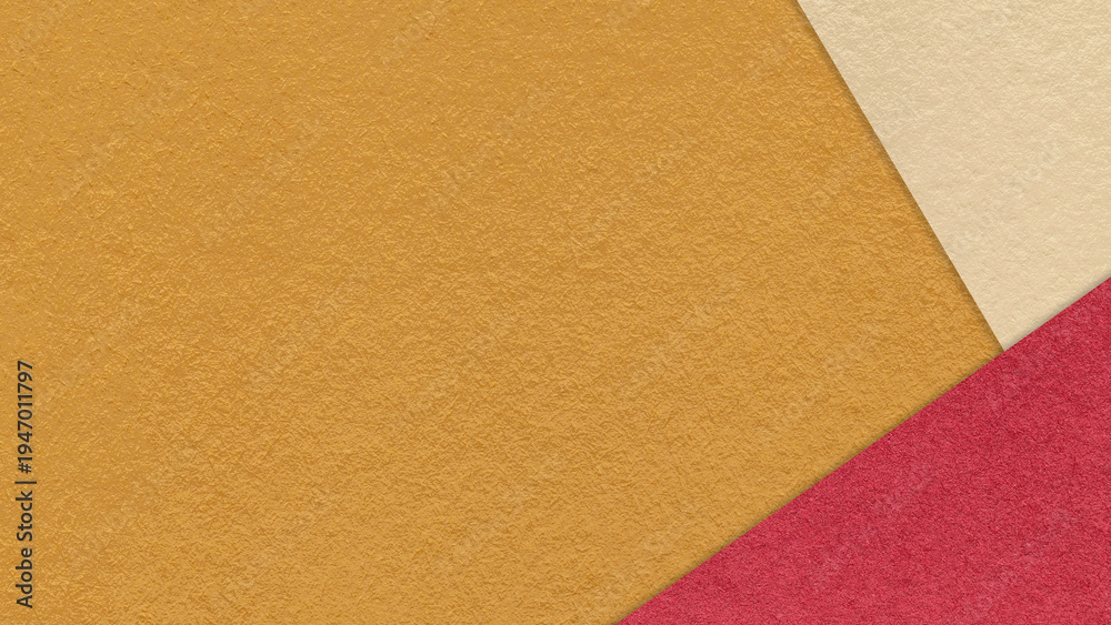 Fototapeta premium Ochre textured paper background with red beige triangular corners and copy space. Template for presentation, banner