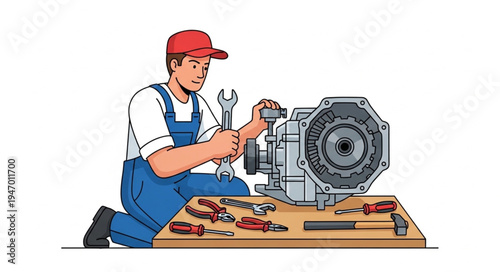 Man working with engine parts.