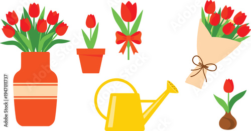 Tulip flowers collection with bouquet vase potted plant bulb and watering can spring garden floral vector illustration set