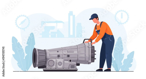 Man working with large gear.