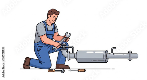 Man working with large pipe.