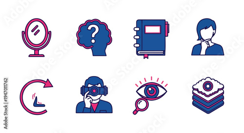  blue and pink flat line vector icons representing self-reflection, learning, identity, and personal growth for business, education, and psychology-related digital content