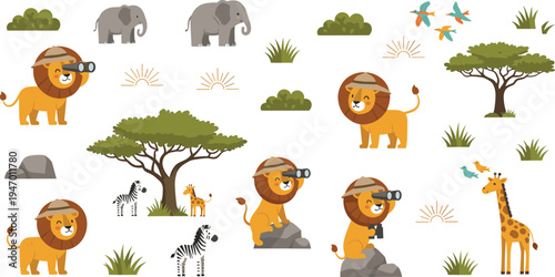 Cute safari lion explorer cartoon set lion character with binoculars wildlife adventure african animals savanna vector illustration collection
